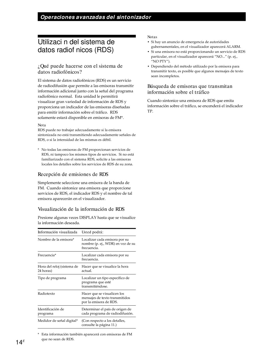 Sony ST-S3000ES Utilización del sistema de datos radiofónicos RDS, 14E, Recepción de emisiones de RDS 