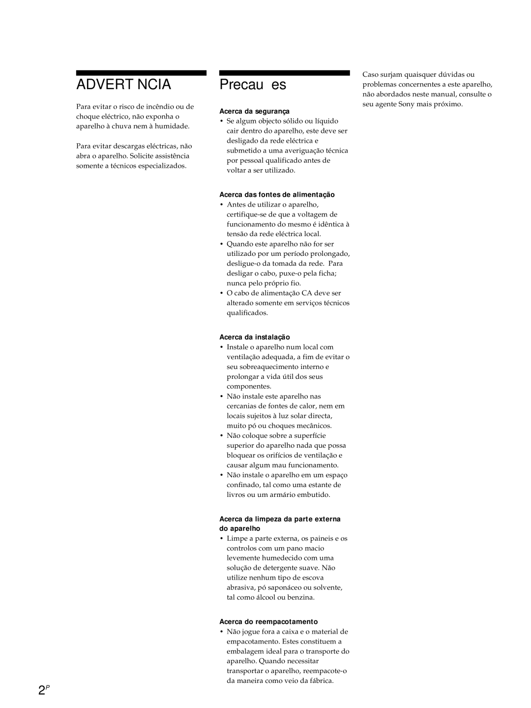 Sony ST-S3000ES operating instructions Precauções 