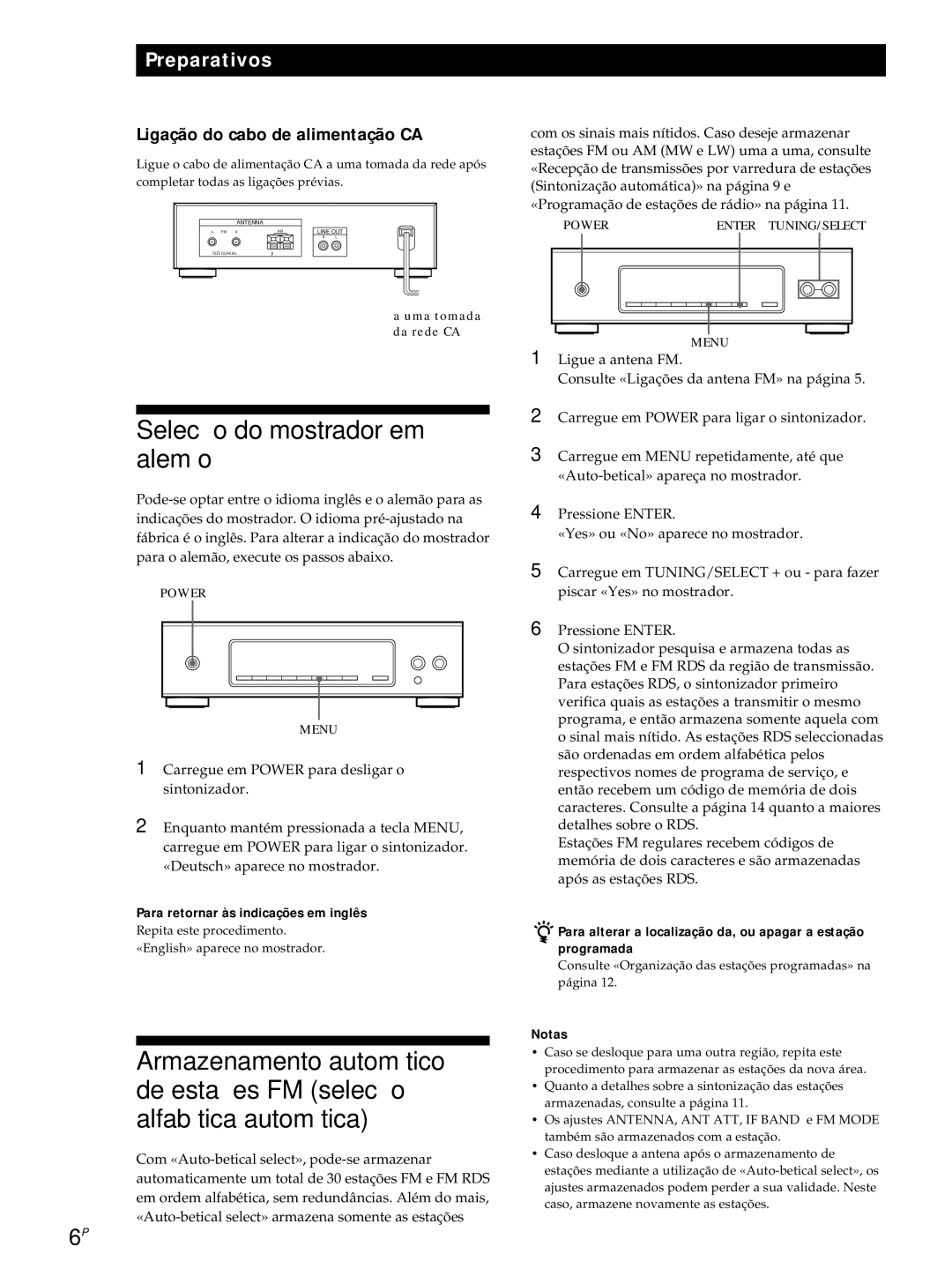 Sony ST-S3000ES Selecção do mostrador em alemão, Ligação do cabo de alimentação CA, Para retornar às indicações em inglês 