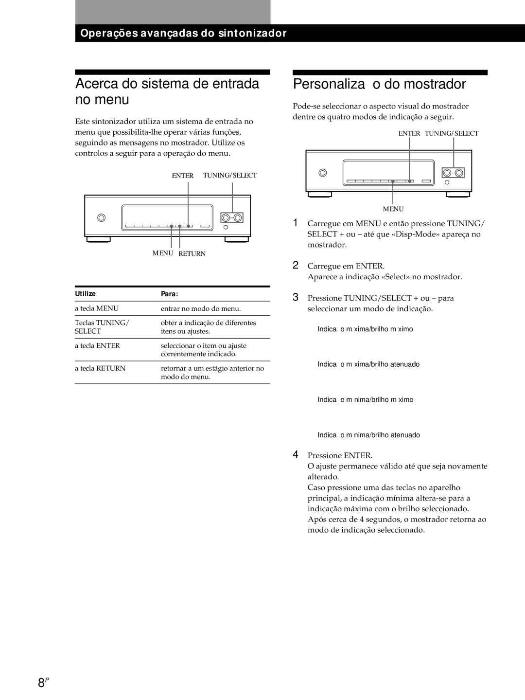 Sony ST-S3000ES operating instructions Acerca do sistema de entrada no menu, Personalização do mostrador, Utilize Para 