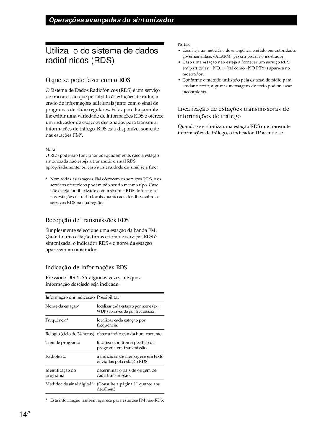 Sony ST-S3000ES operating instructions Utilização do sistema de dados radiofónicos RDS, 14P, Que se pode fazer com o RDS 