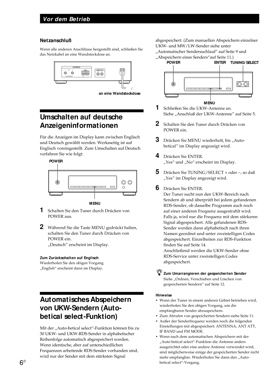 Sony ST-S3000ES Umschalten auf deutsche Anzeigeninformationen, Netzanschluß, Zum Zurückschalten auf Englisch, Hinweise 