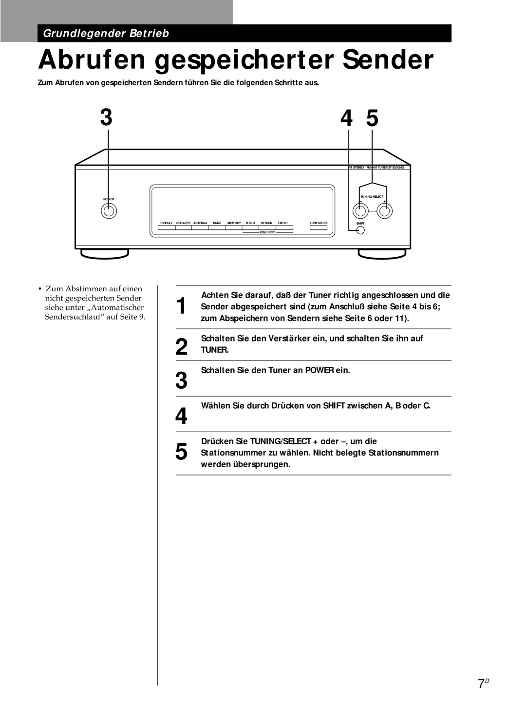 Sony ST-S3000ES operating instructions Abrufen gespeicherter Sender 