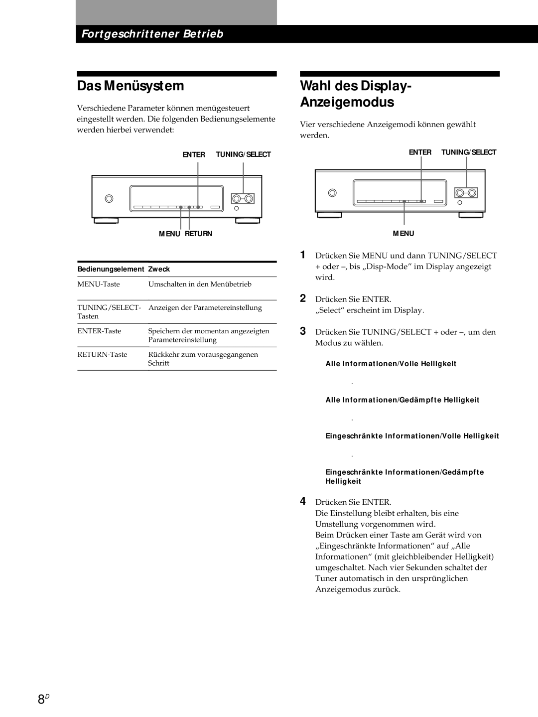 Sony ST-S3000ES operating instructions Das Menüsystem, Wahl des Display Anzeigemodus, Bedienungselement Zweck 