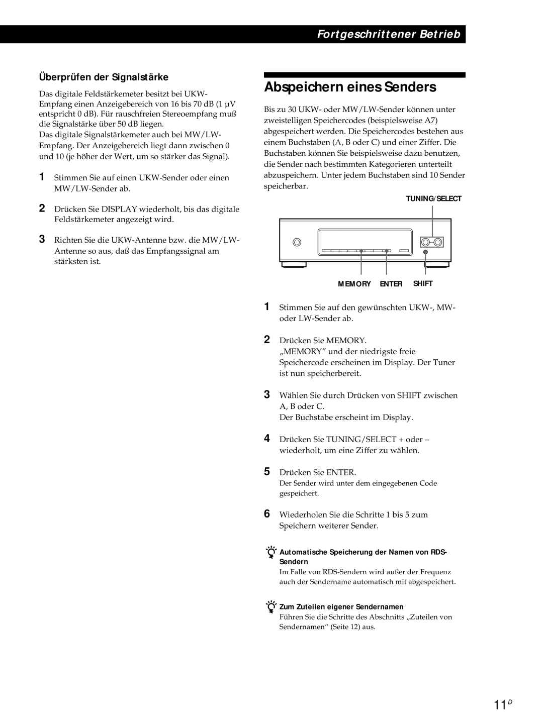 Sony ST-S3000ES Abspeichern eines Senders, 11D, Überprüfen der Signalstärke, Zum Zuteilen eigener Sendernamen 