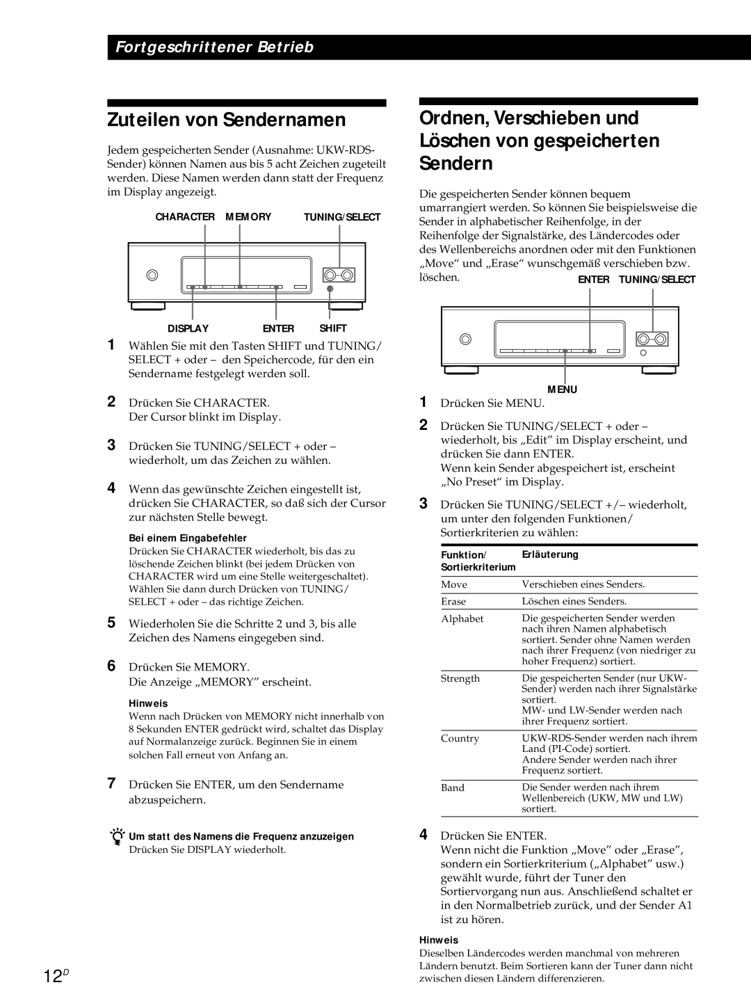 Sony ST-S3000ES Zuteilen von Sendernamen, Ordnen, Verschieben und Löschen von gespeicherten Sendern, 12D 