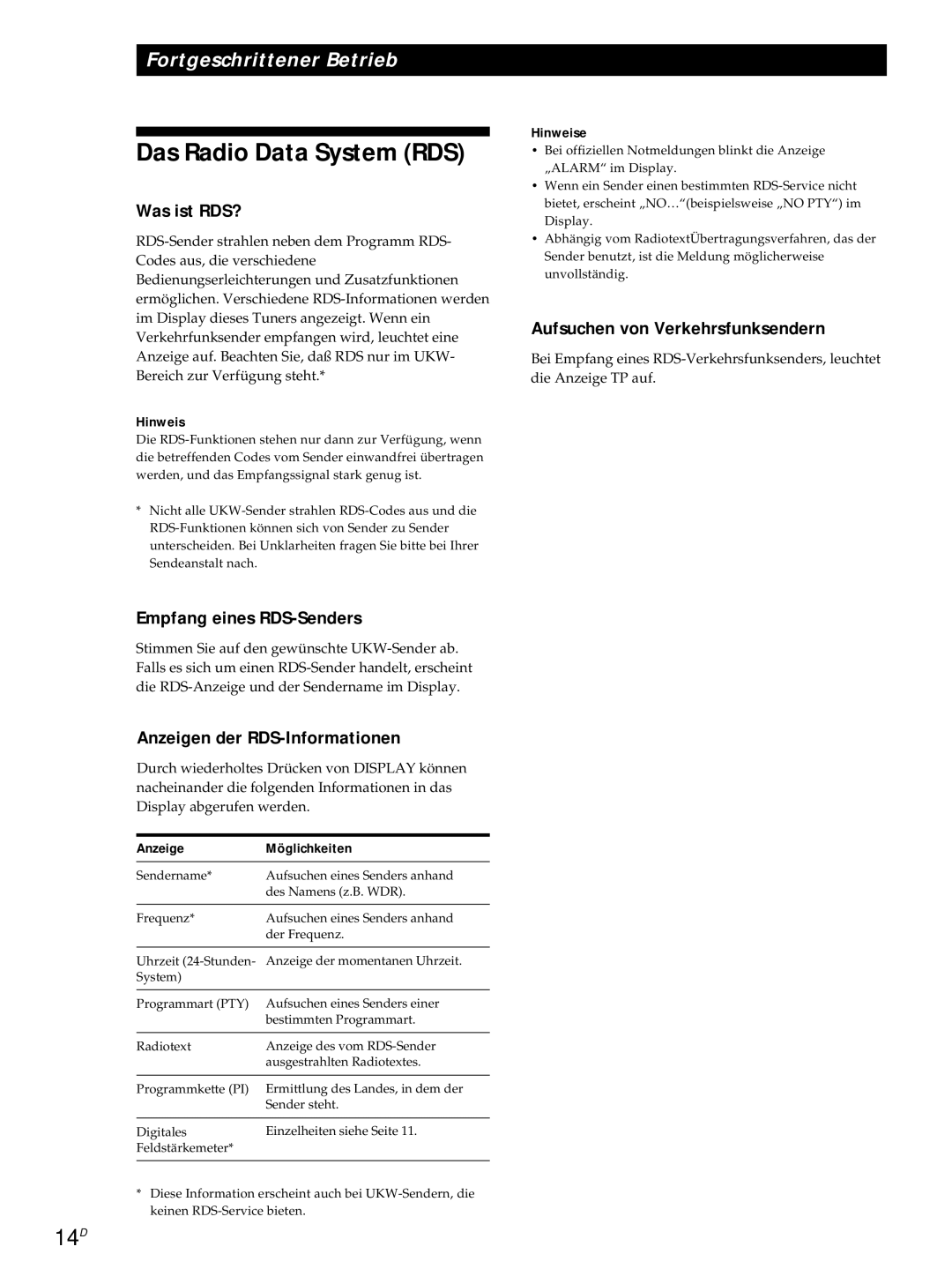 Sony ST-S3000ES operating instructions Das Radio Data System RDS, 14D 