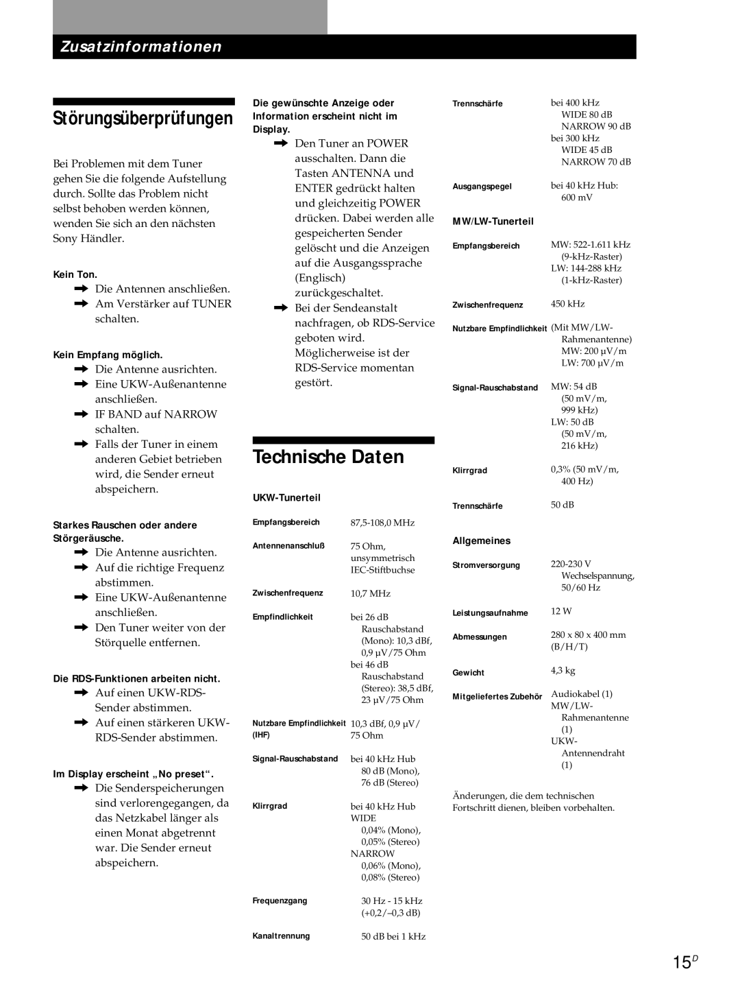 Sony ST-S3000ES operating instructions Technische Daten, 15D 