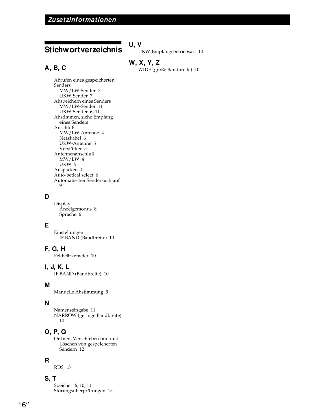 Sony ST-S3000ES operating instructions Stichwortverzeichnis, 16D 