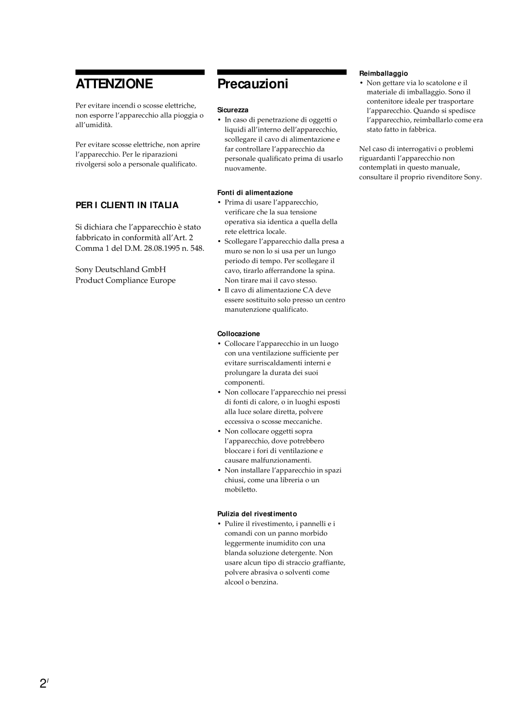 Sony ST-S3000ES operating instructions Attenzione Precauzioni 