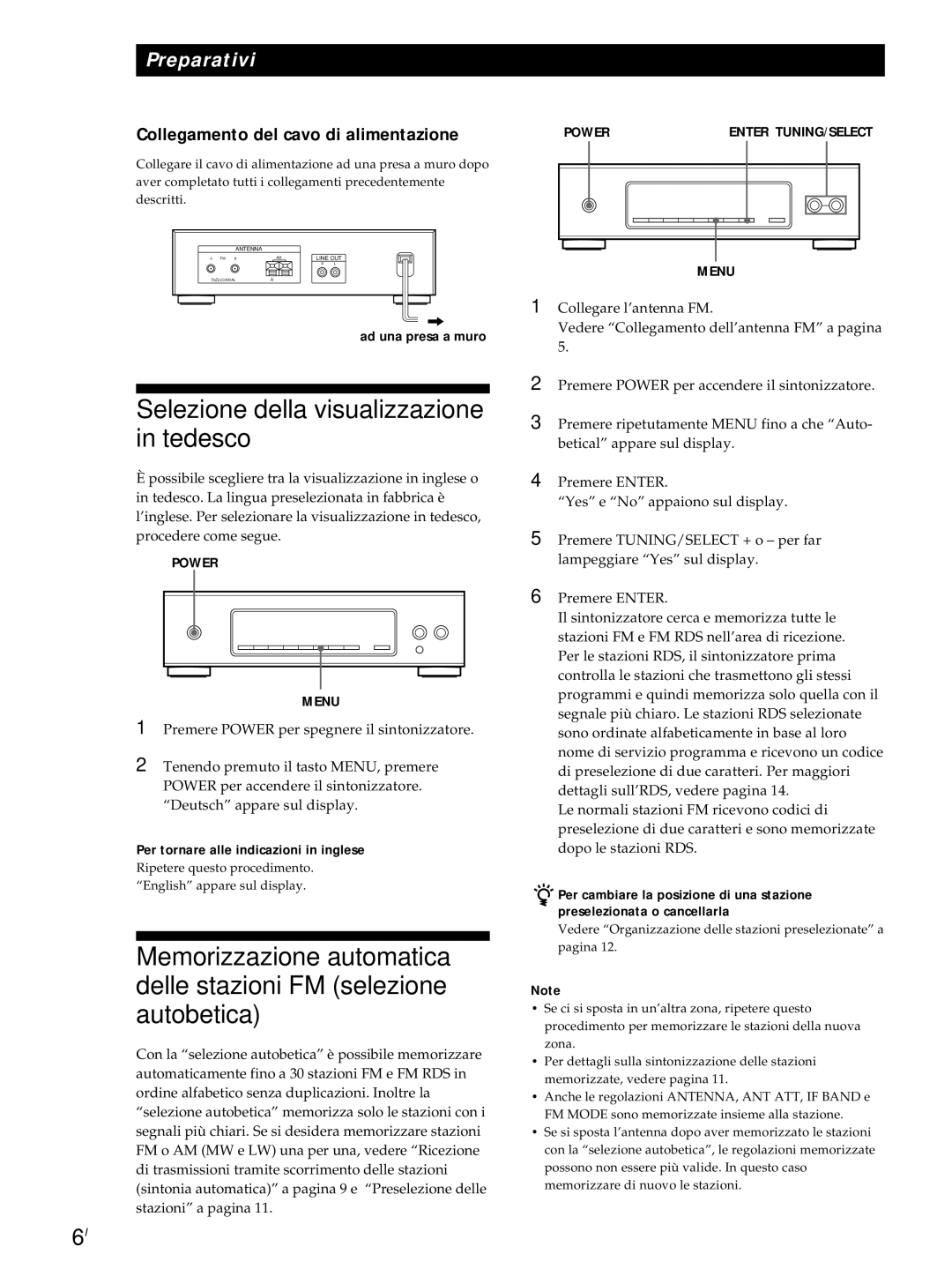 Sony ST-S3000ES operating instructions Selezione della visualizzazione in tedesco, Collegamento del cavo di alimentazione 