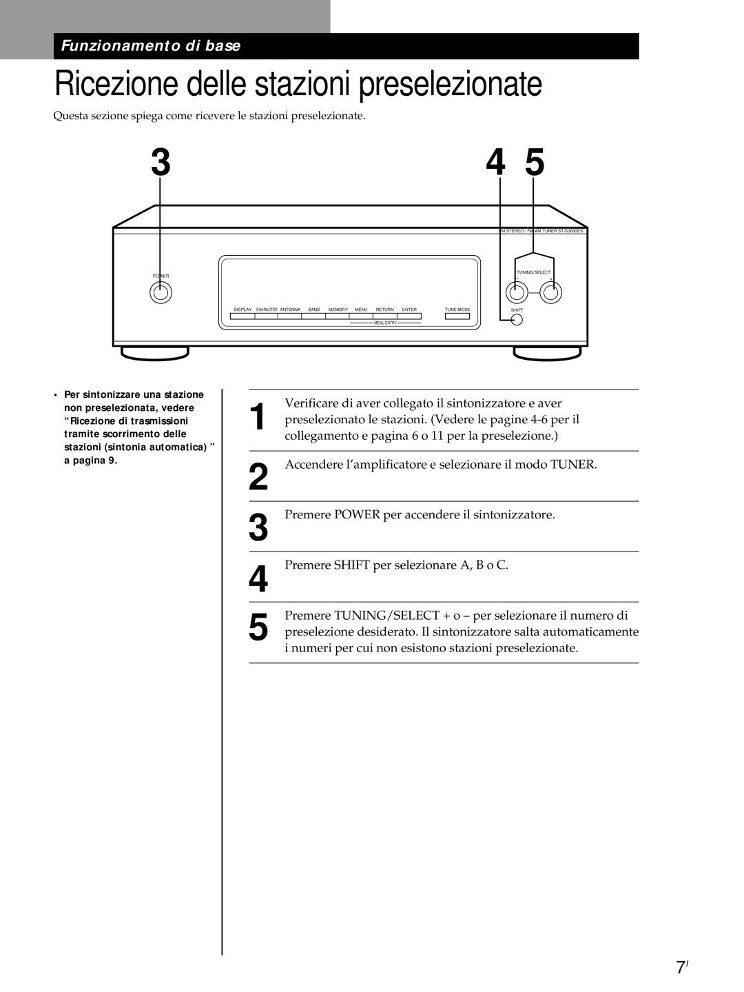 Sony ST-S3000ES operating instructions Ricezione delle stazioni preselezionate 