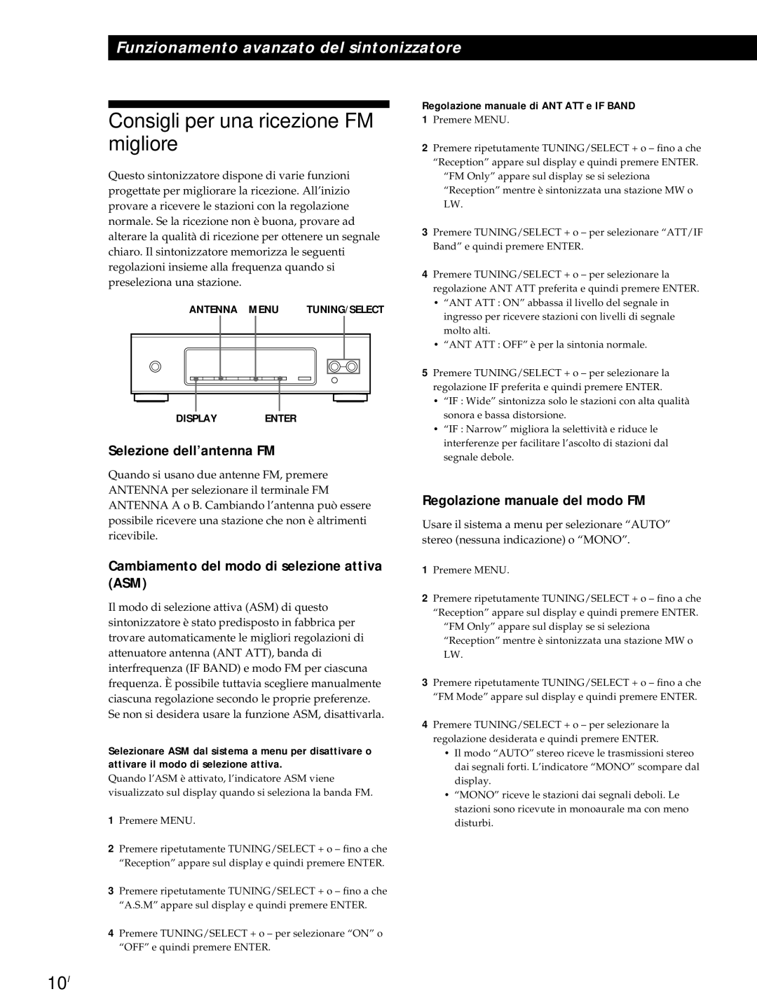 Sony ST-S3000ES Consigli per una ricezione FM migliore, 10I, Selezione dell’antenna FM, Regolazione manuale del modo FM 