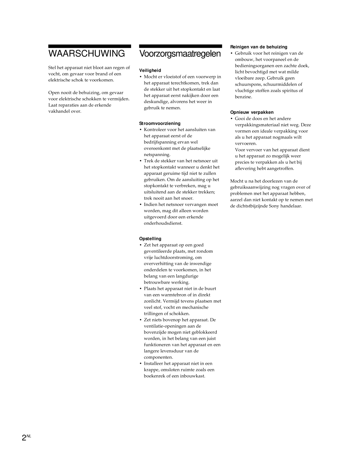 Sony ST-S3000ES operating instructions Voorzorgsmaatregelen 