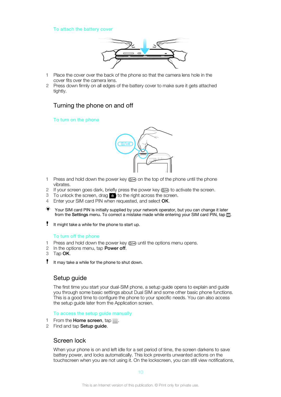 Sony 12640775, ST21a2, ST21i2, 1264-0772 manual Turning the phone on and off, Setup guide, Screen lock 