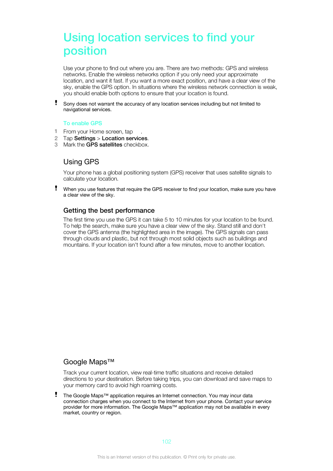 Sony 12640775, ST21a2 Using location services to find your position, Using GPS, Google Maps, Getting the best performance 