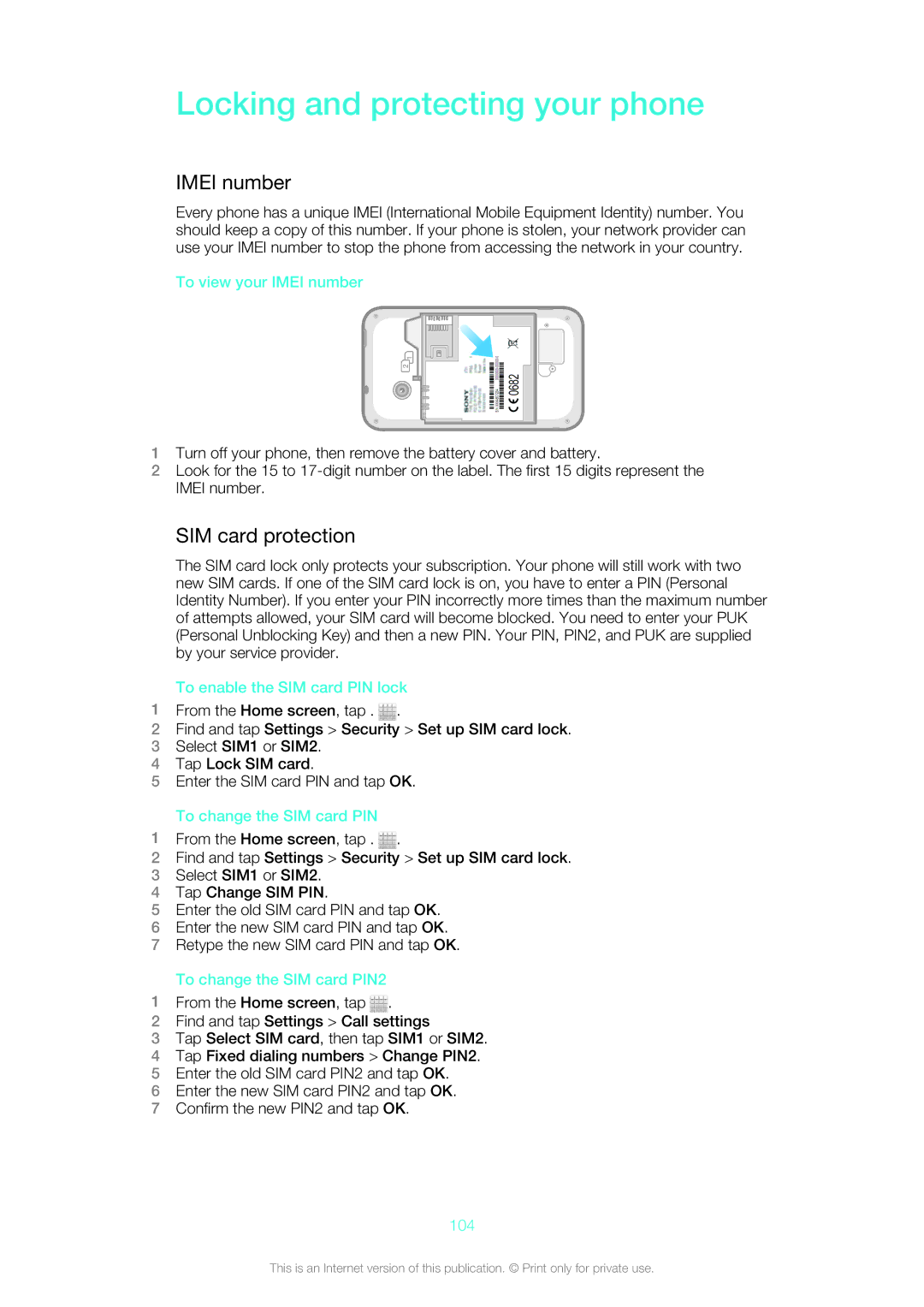 Sony ST21a2, ST21i2, 12640775, 1264-0772 manual Locking and protecting your phone, Imei number, SIM card protection 