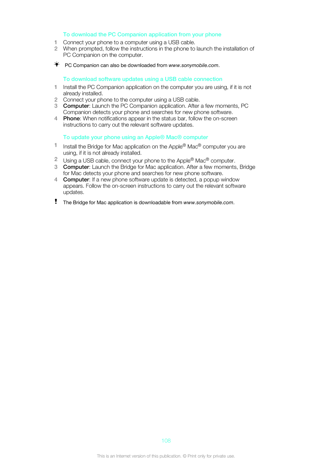 Sony ST21a2 To download the PC Companion application from your phone, To update your phone using an Apple Mac computer 
