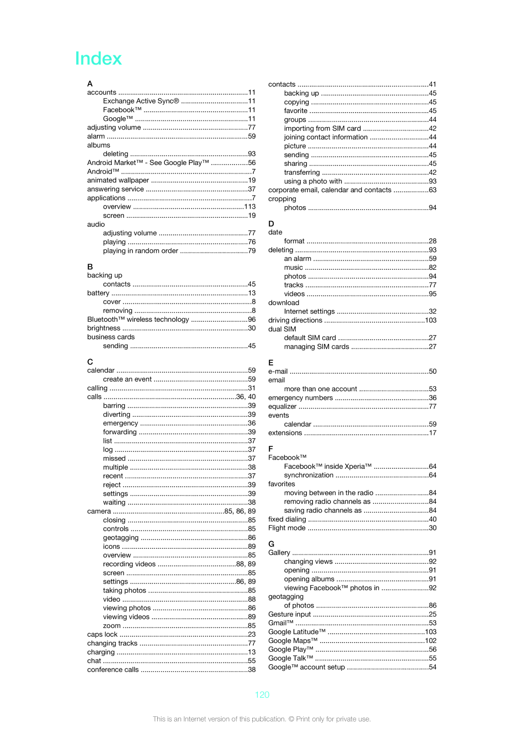 Sony ST21a2, ST21i2, 12640775, 1264-0772 manual Index, 120 