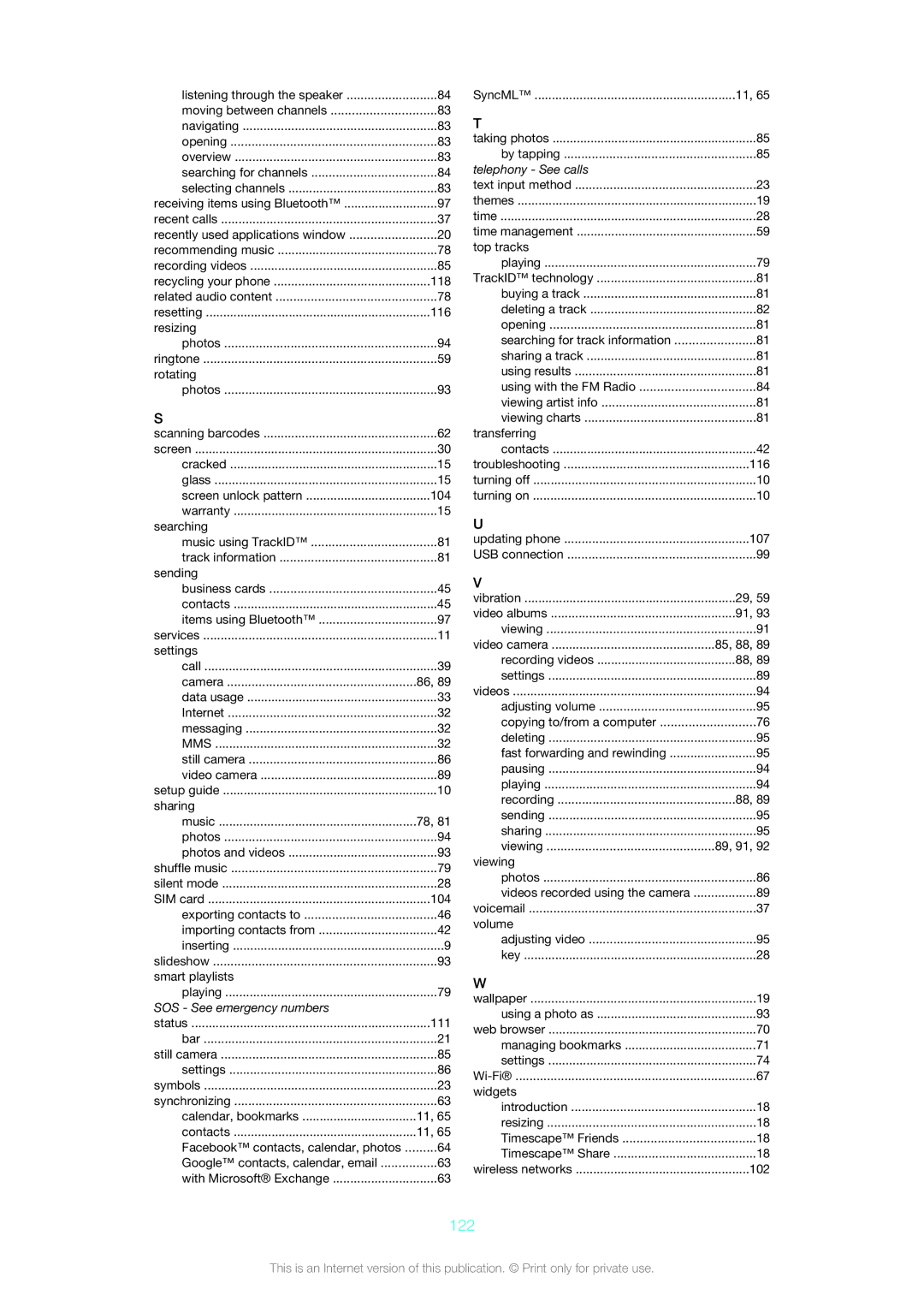 Sony 12640775, ST21a2, ST21i2, 1264-0772 manual 122, SOS See emergency numbers 