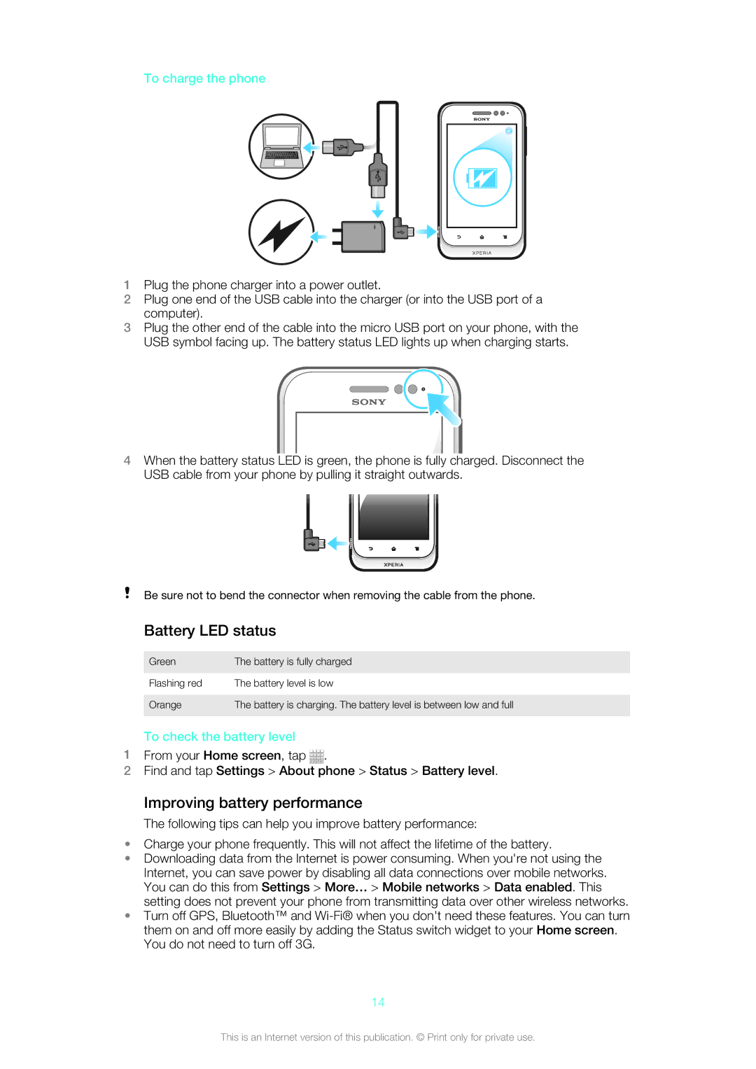 Sony 12640775, ST21a2 Battery LED status, Improving battery performance, To charge the phone, To check the battery level 