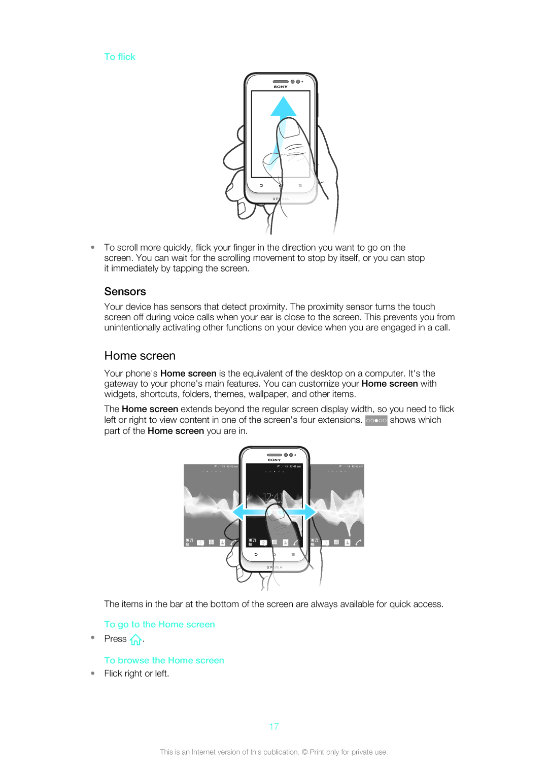 Sony ST21i2, ST21a2, 12640775, 1264-0772 manual Sensors, To flick, To go to the Home screen, To browse the Home screen 