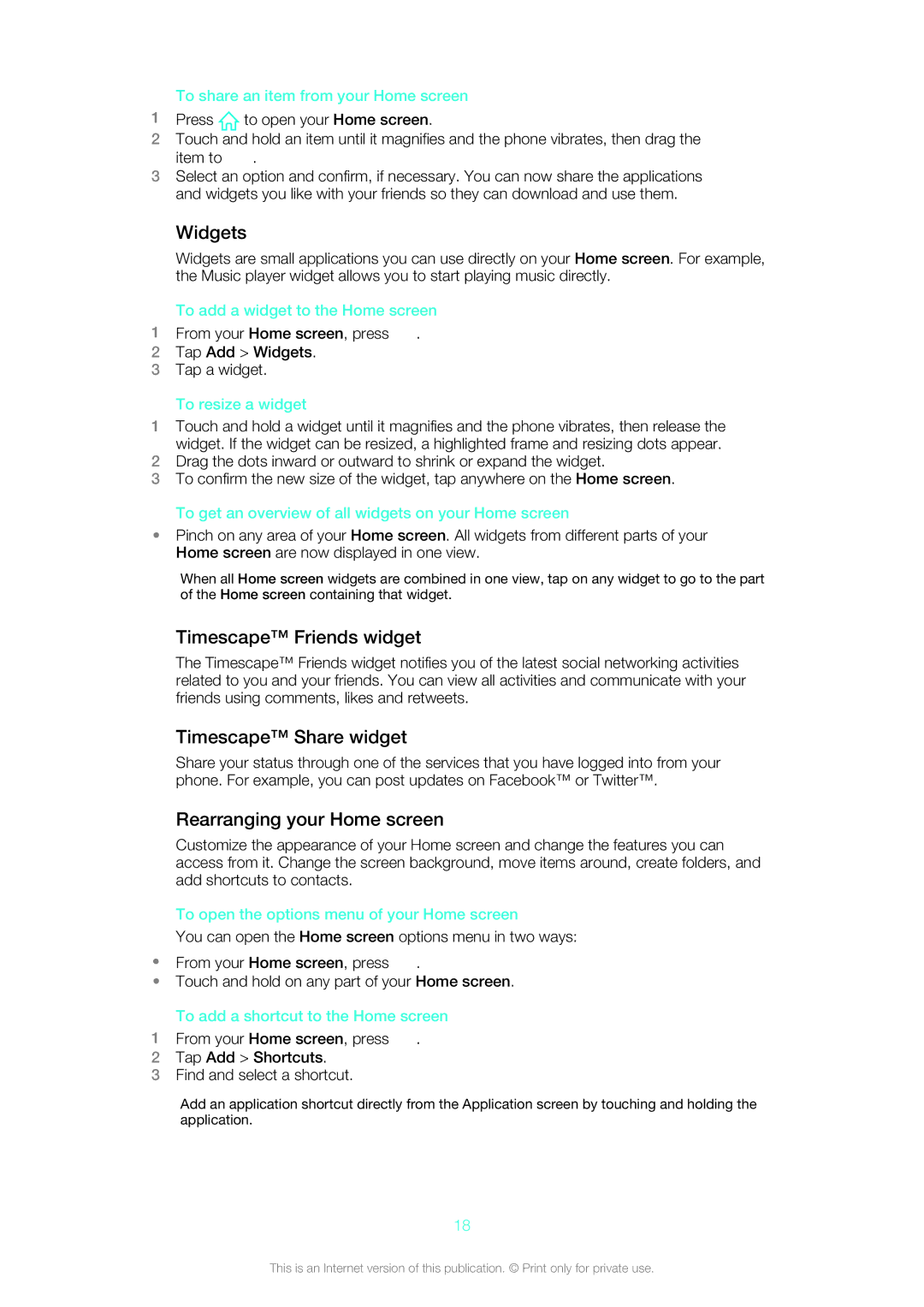 Sony 12640775, ST21a2, ST21i2 manual Widgets, Timescape Friends widget, Timescape Share widget, Rearranging your Home screen 