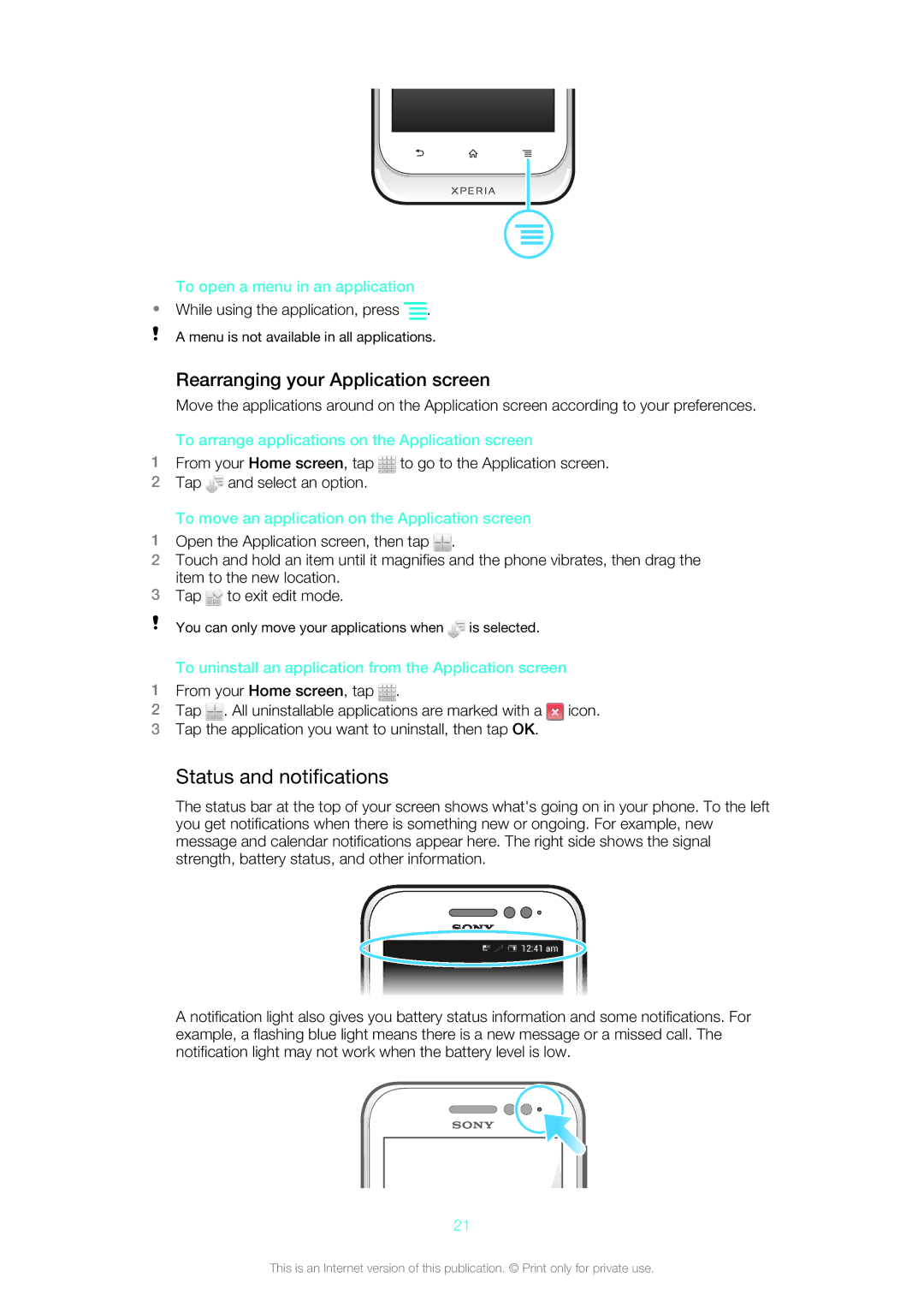 Sony ST21i2, ST21a2, 12640775, 1264-0772 manual Status and notifications, Rearranging your Application screen 