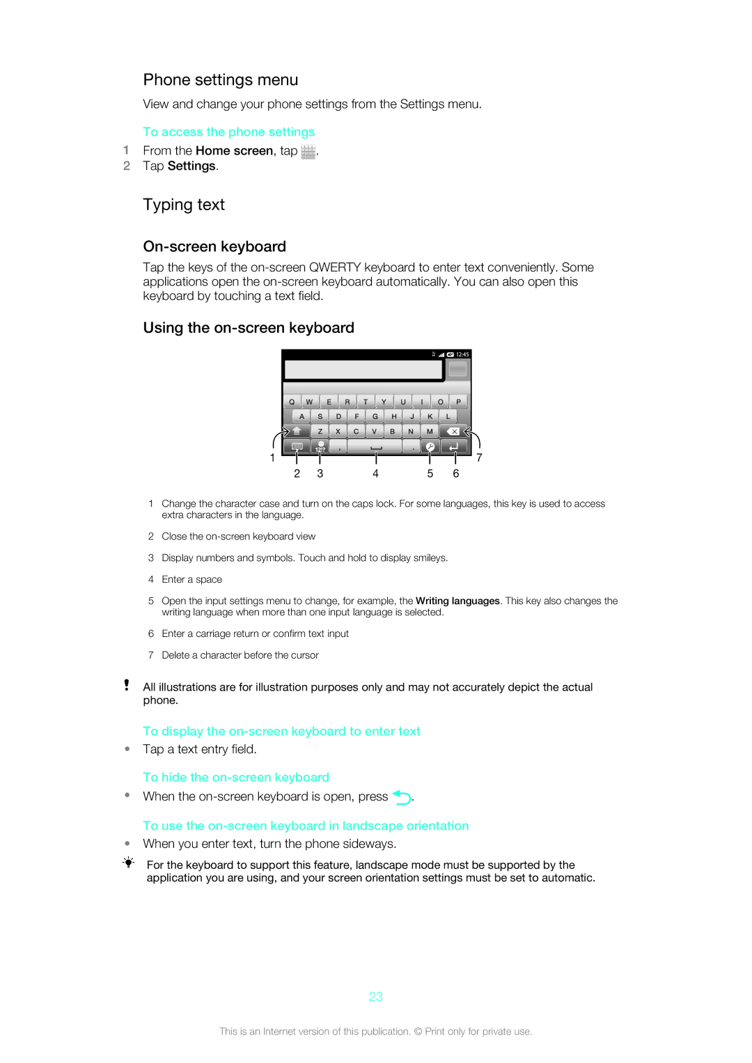 Sony 1264-0772, ST21a2, ST21i2, 12640775 Phone settings menu, Typing text, On-screen keyboard, Using the on-screen keyboard 