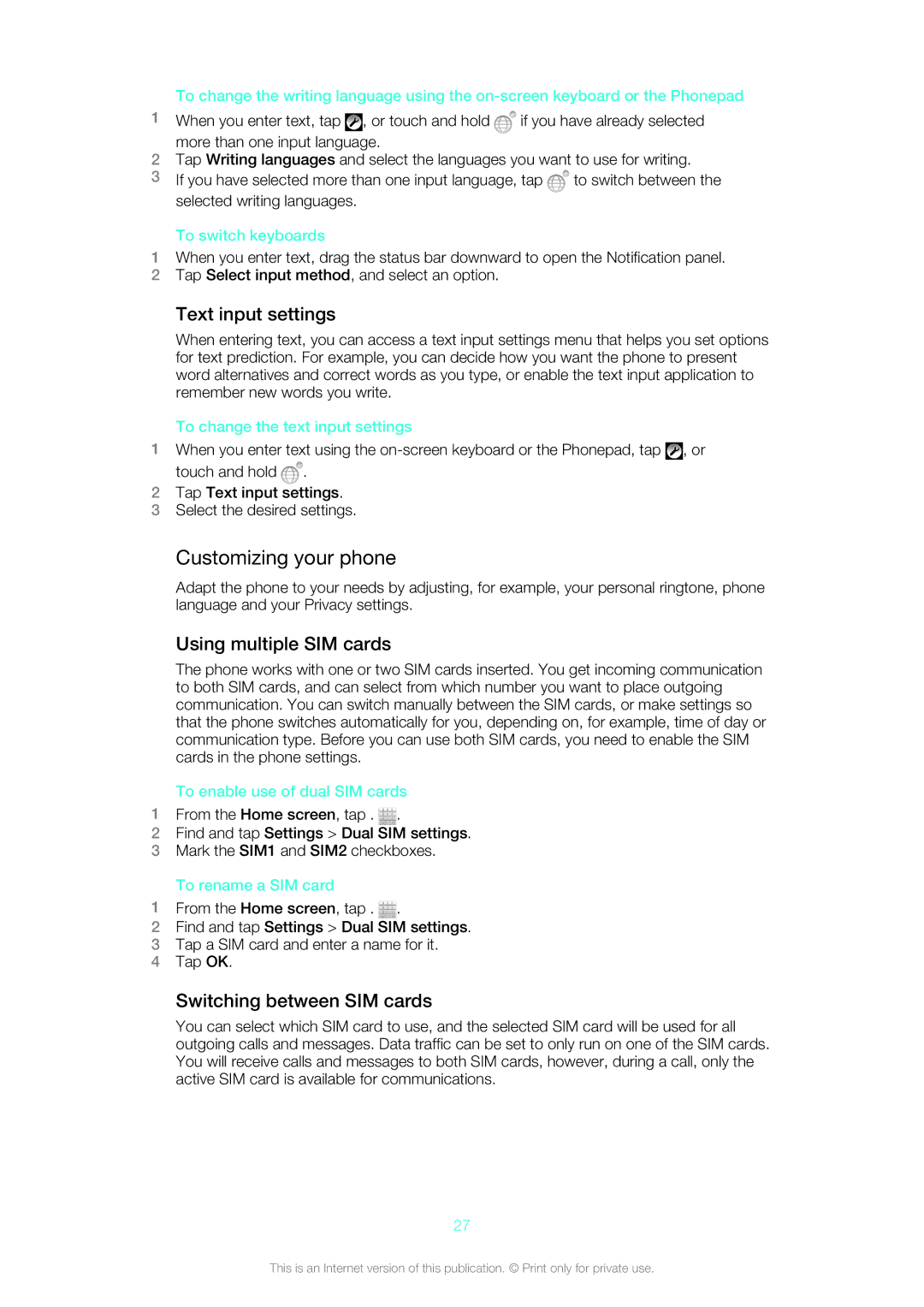 Sony 1264-0772, ST21a2 Customizing your phone, Text input settings, Using multiple SIM cards, Switching between SIM cards 