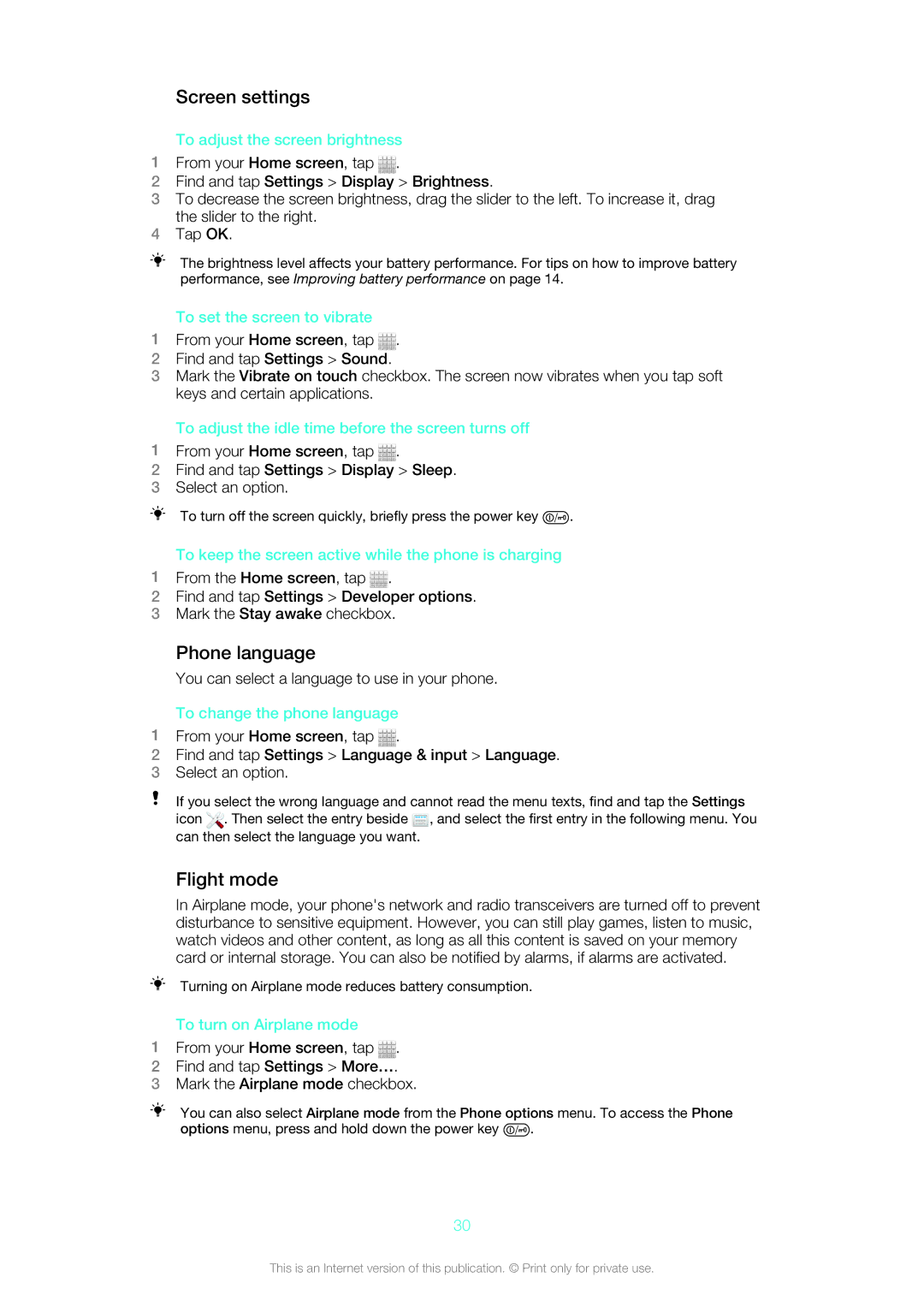 Sony 12640775, ST21a2, ST21i2, 1264-0772 manual Screen settings, Phone language, Flight mode 