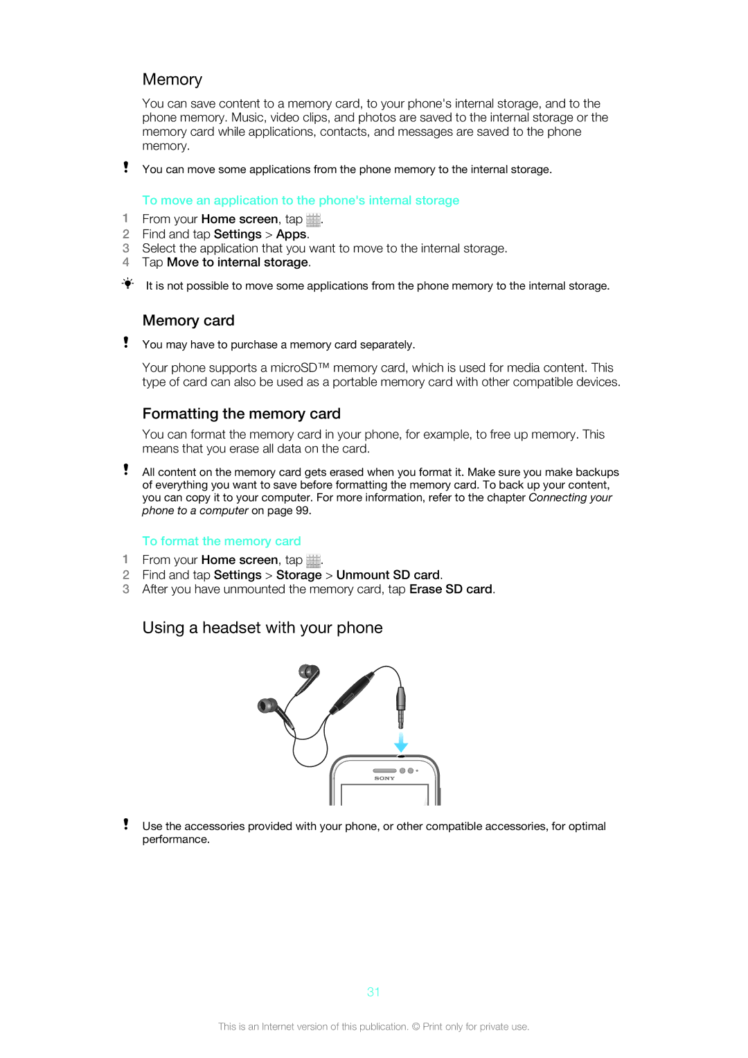 Sony 1264-0772, ST21a2, ST21i2, 12640775 manual Using a headset with your phone, Memory card, Formatting the memory card 