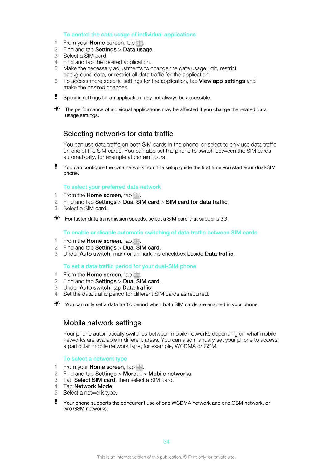 Sony 12640775, ST21a2, ST21i2, 1264-0772 manual Selecting networks for data traffic, Mobile network settings 