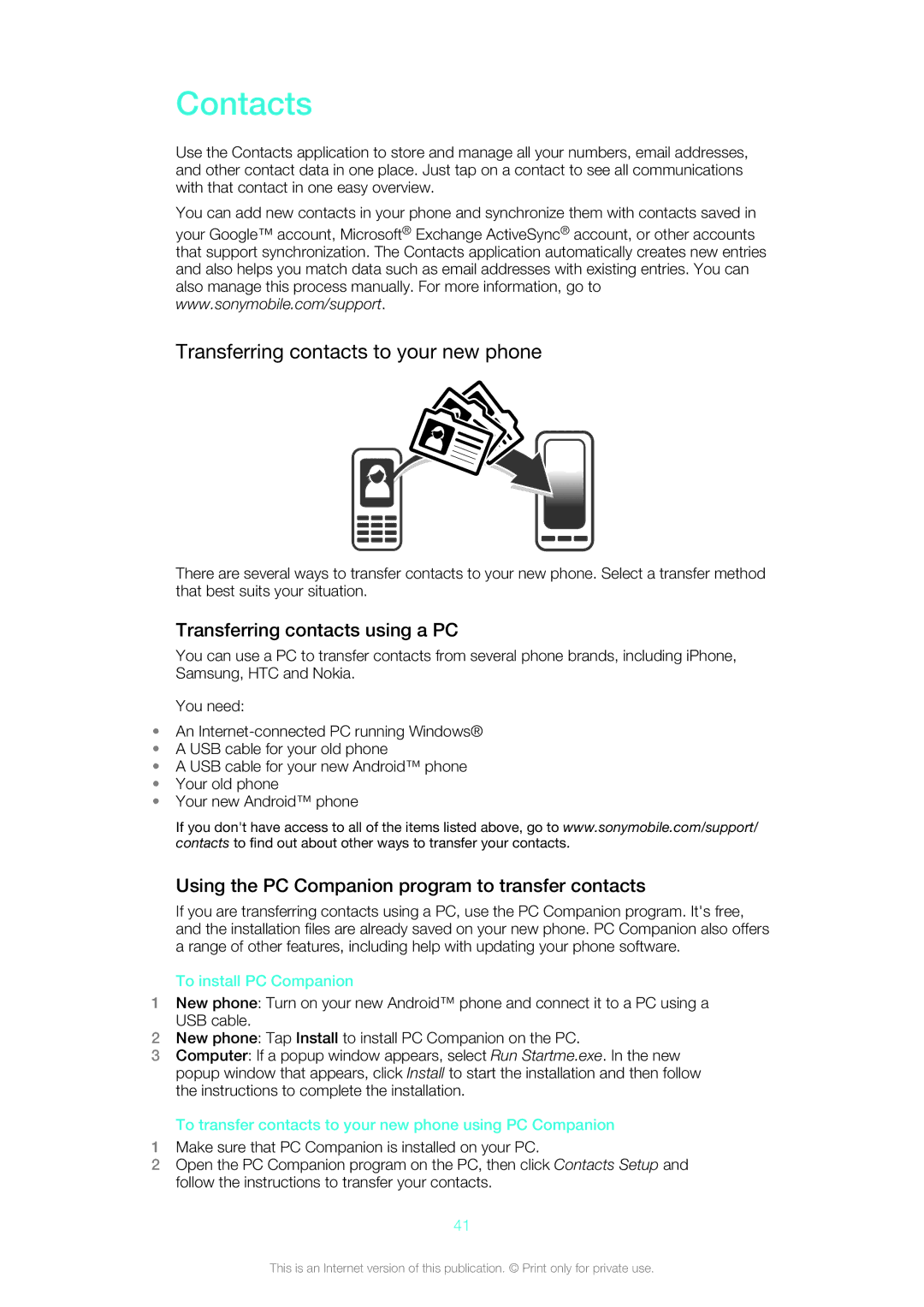 Sony ST21i2, ST21a2, 12640775, 1264-0772 Contacts, Transferring contacts to your new phone, Transferring contacts using a PC 