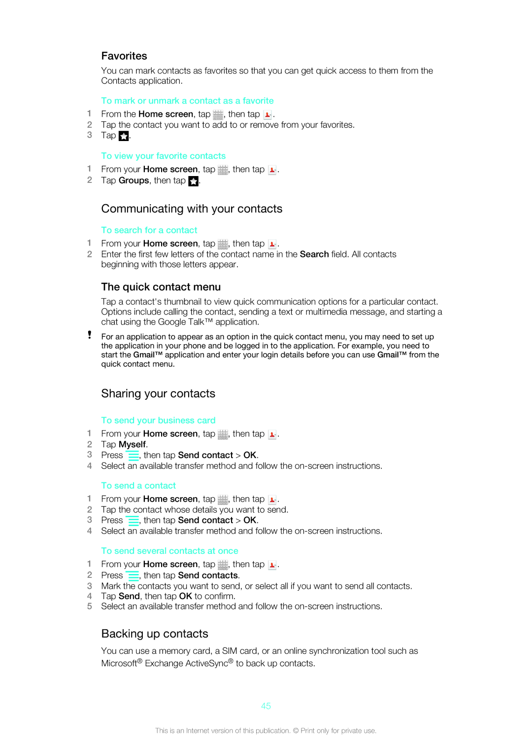 Sony ST21i2 Communicating with your contacts, Sharing your contacts, Backing up contacts, Favorites, Quick contact menu 