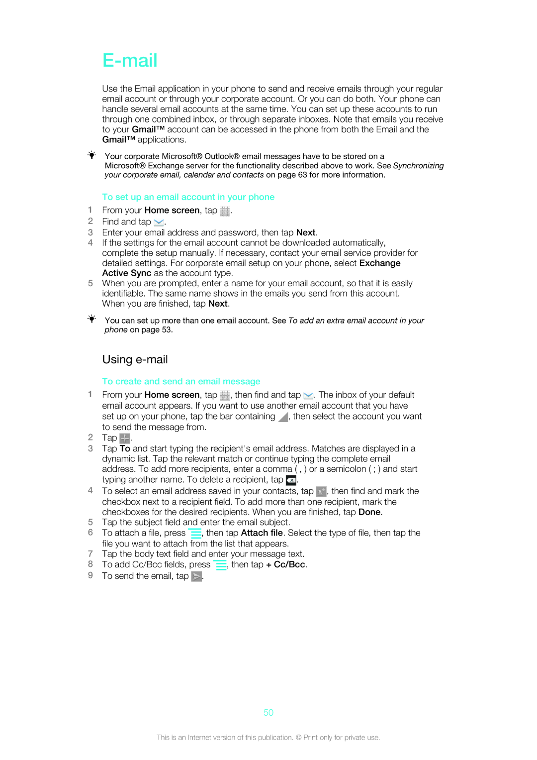 Sony 12640775, ST21a2 Mail, Using e-mail, To set up an email account in your phone, To create and send an email message 