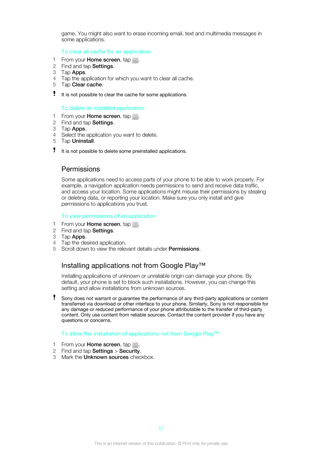 Sony ST21i2, ST21a2 manual Permissions, Installing applications not from Google Play, To clear all cache for an application 