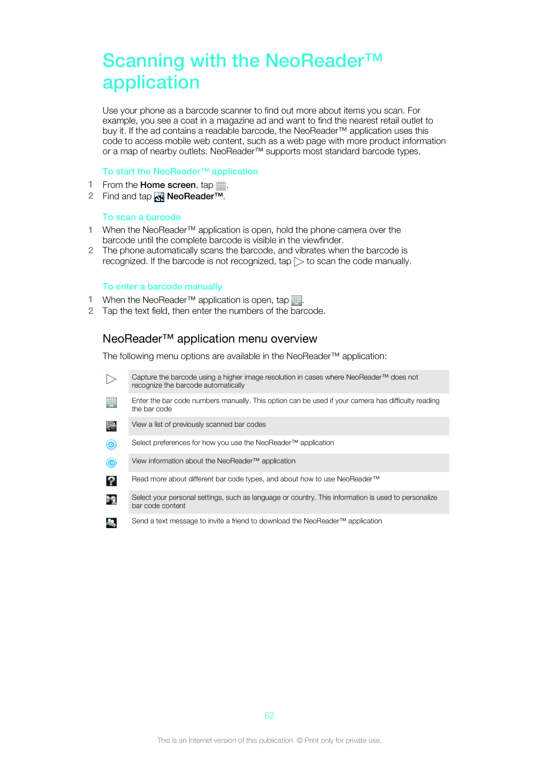 Sony 12640775, ST21a2 manual Scanning with the NeoReader application, NeoReader application menu overview, To scan a barcode 