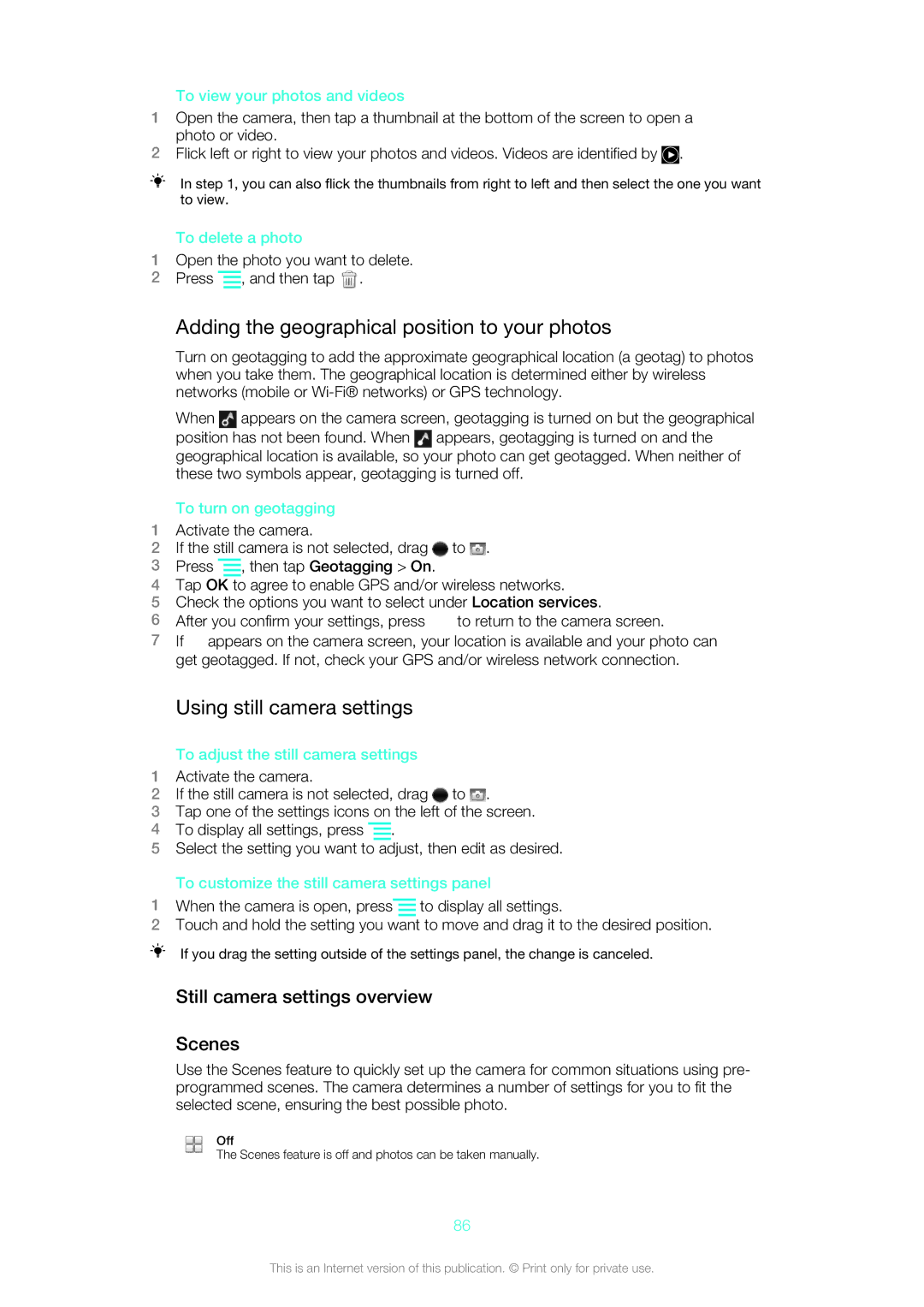 Sony 12640775, ST21a2, ST21i2, 1264-0772 manual Adding the geographical position to your photos, Using still camera settings 