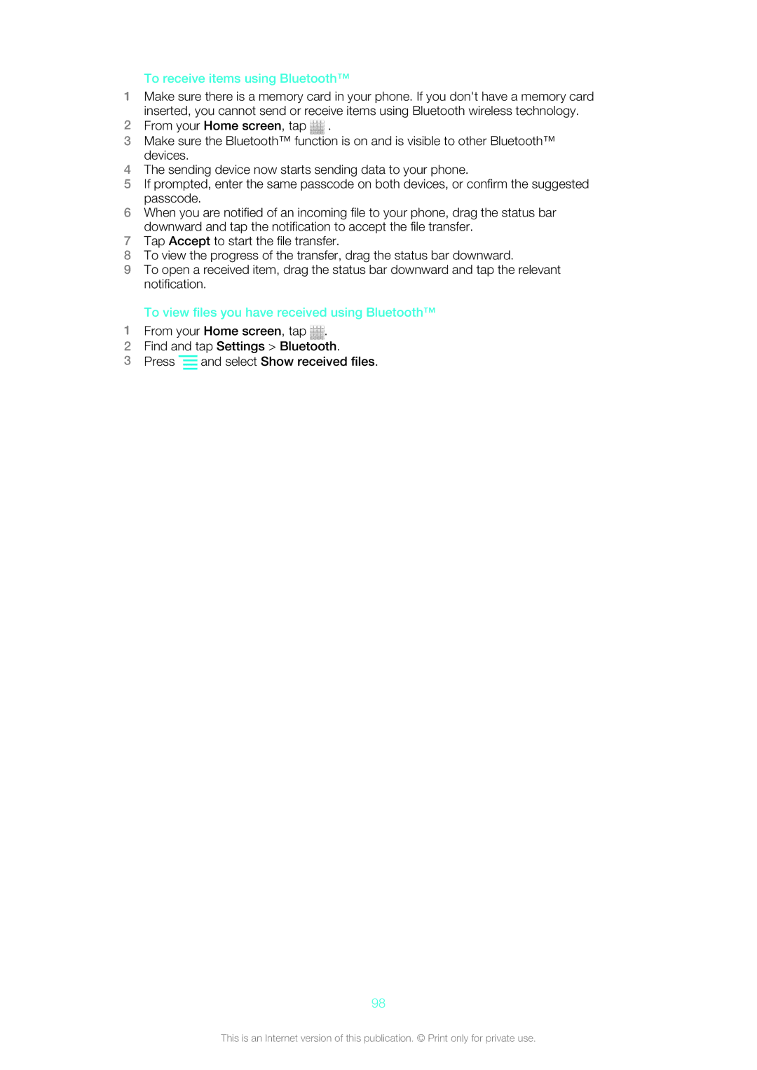 Sony 12640775, ST21a2, ST21i2, 1264-0772 To receive items using Bluetooth, To view files you have received using Bluetooth 