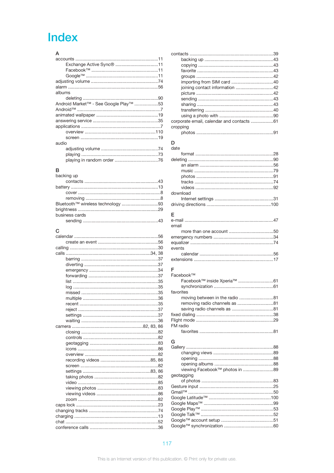 Sony 1264-0774, ST21i, ST21A, 1264-0775, 1264-0773, 1264-0772 manual Index, 117 