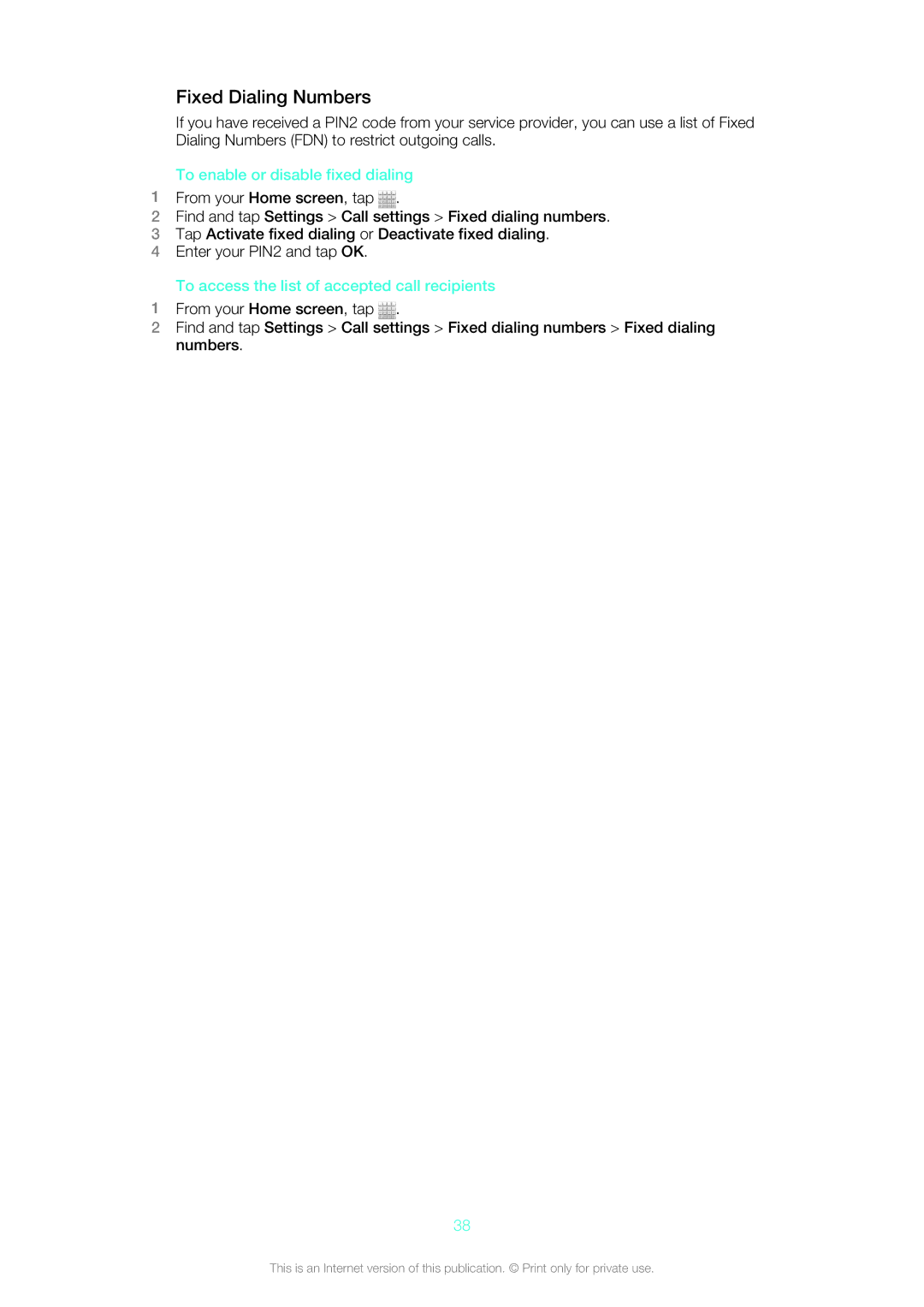 Sony 1264-0775 Fixed Dialing Numbers, To enable or disable fixed dialing, To access the list of accepted call recipients 