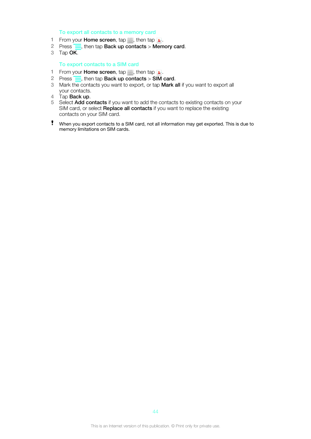 Sony 1264-0775, ST21i, ST21A, 1264-0774, 1264-0773 To export all contacts to a memory card, To export contacts to a SIM card 