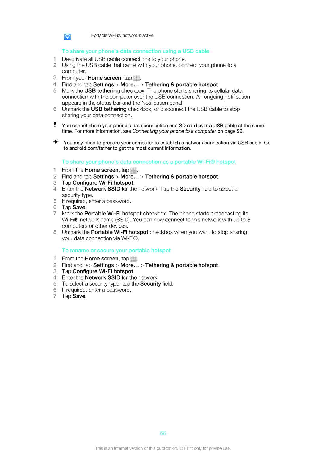 Sony ST21i, ST21A manual To share your phone’s data connection using a USB cable, To rename or secure your portable hotspot 