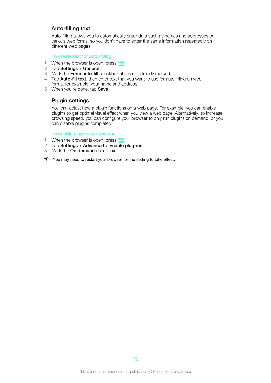 Sony ST21i, ST21A manual Auto-filling text, Plugin settings, To create text for auto-filling, To enable plug-ins on demand 