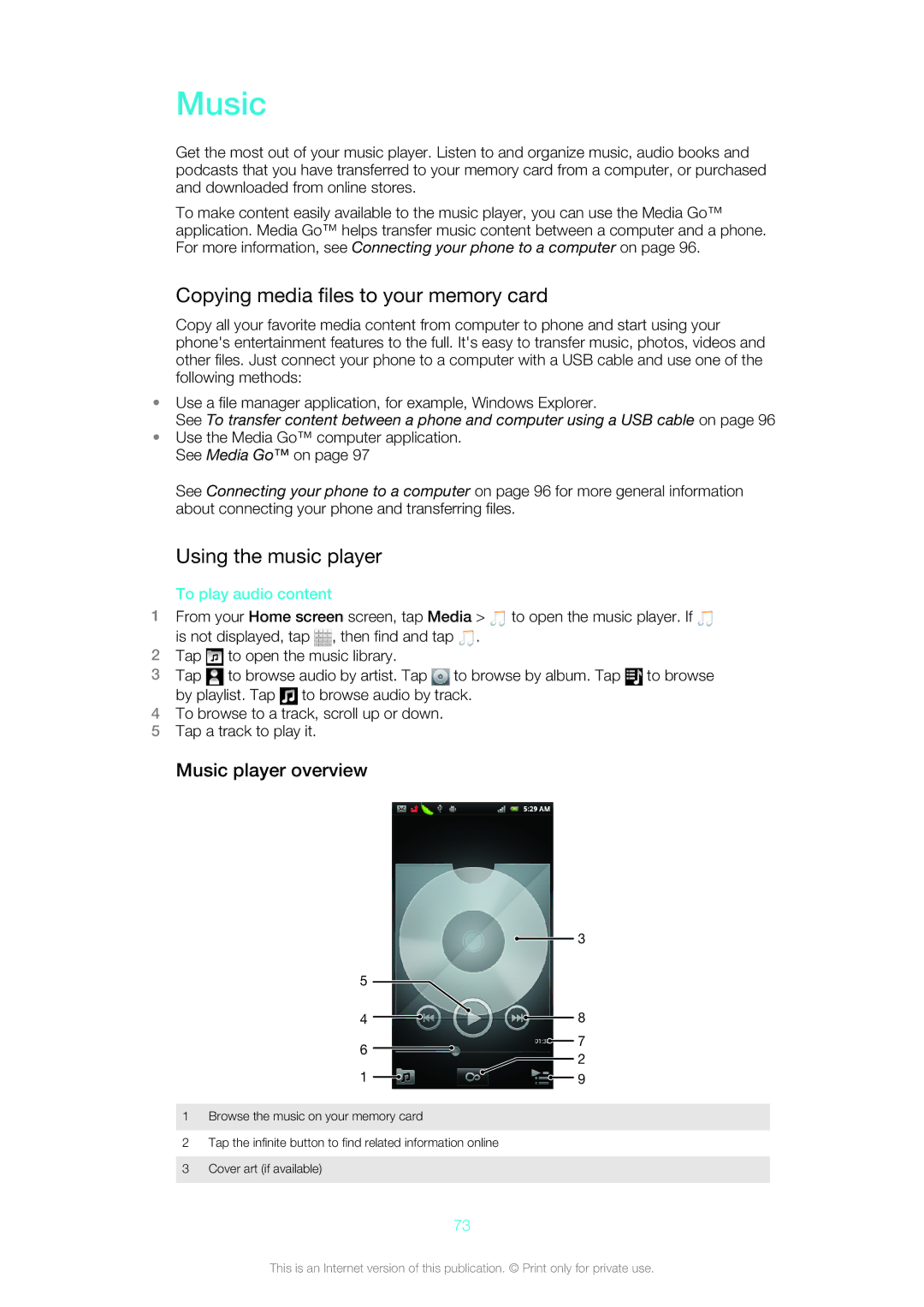 Sony ST21A, ST21i, 1264-0775 Copying media files to your memory card, Using the music player, Music player overview 