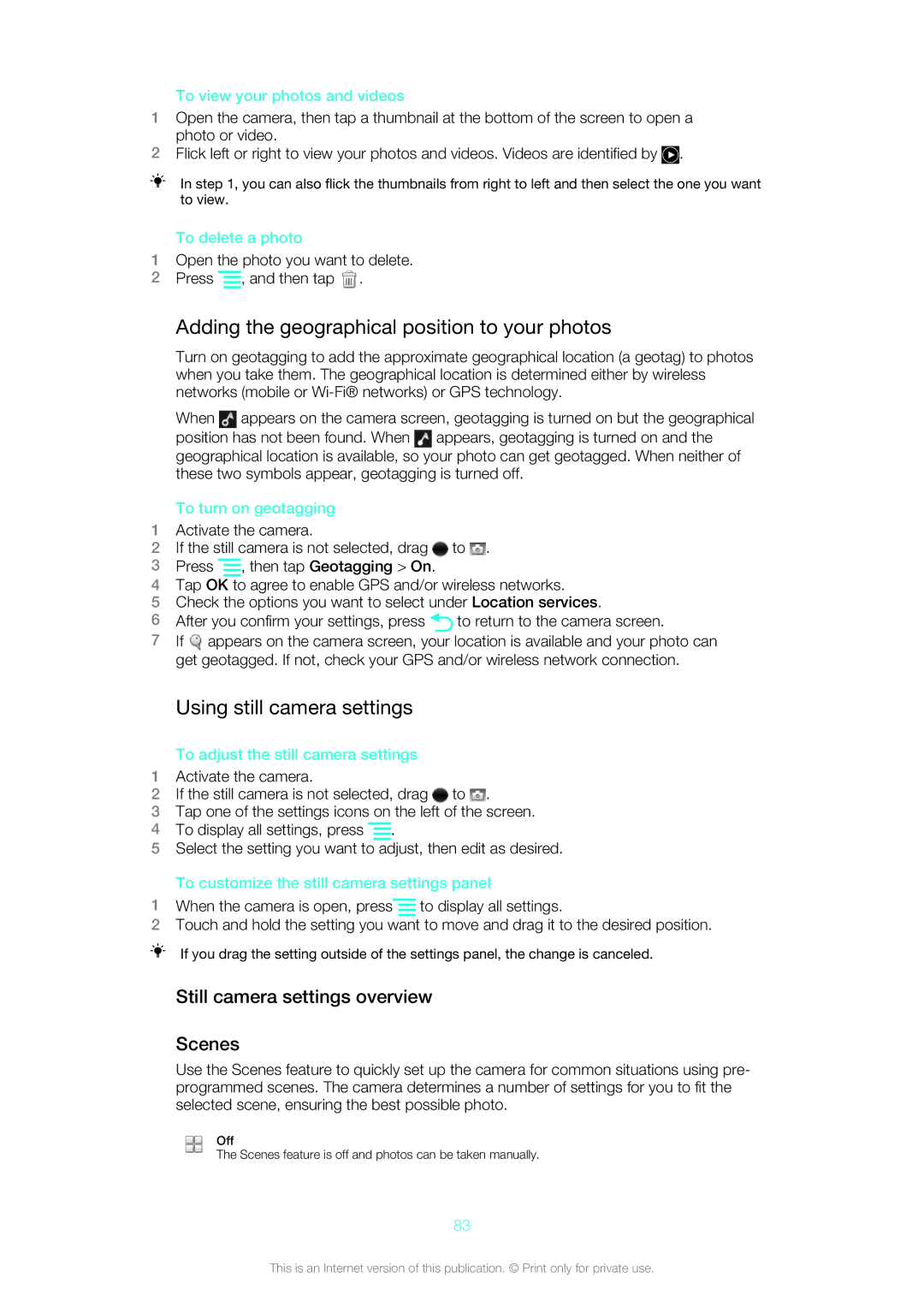 Sony 1264-0772, ST21i, ST21A, 1264-0775 manual Adding the geographical position to your photos, Using still camera settings 