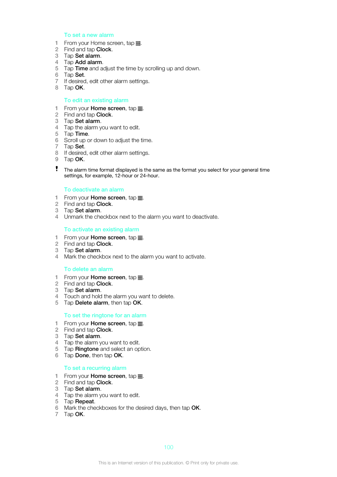 Sony ST26a manual To set a new alarm, To edit an existing alarm, To deactivate an alarm, To activate an existing alarm, 100 