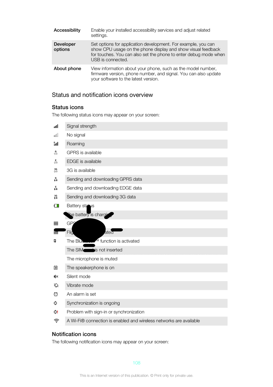 Sony ST26a, ST26i manual Status and notification icons overview, Status icons, Notification icons, 108 