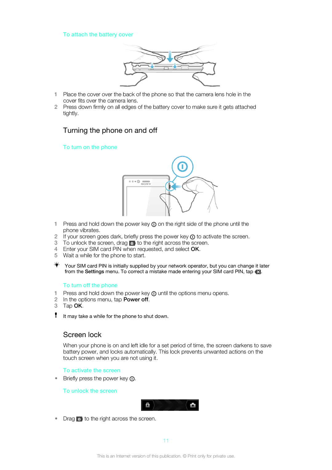 Sony ST26i, ST26a manual Turning the phone on and off, Screen lock 